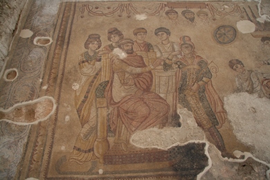 Detalle del mosaico "El mito de Penélope" en la Villa romana de Noheda (Cuenca)